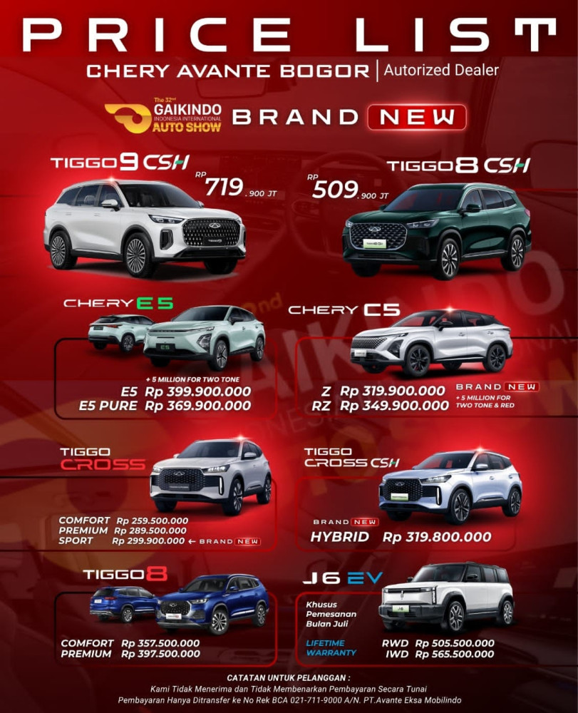 Pricelist Harga Chery megamendung 2025